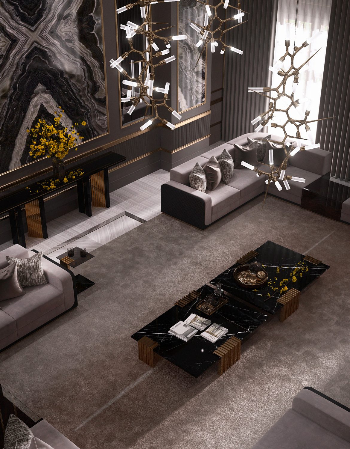 dark living room with a chandelier design