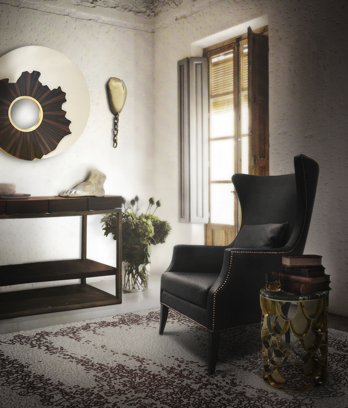 minimalist living room with black leather armchair